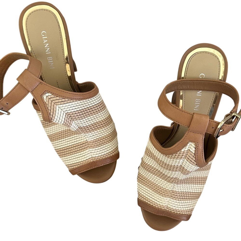 Gianni Bini Platform Heels Ankle Strap Peep Toe Woven Tan Brown‎